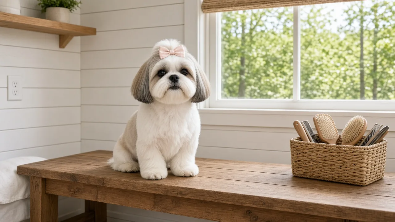 A freshly groomed shih tzu with a small bow sitting on a wooden bench in a bright white grooming room, with a basket of brushes by the window